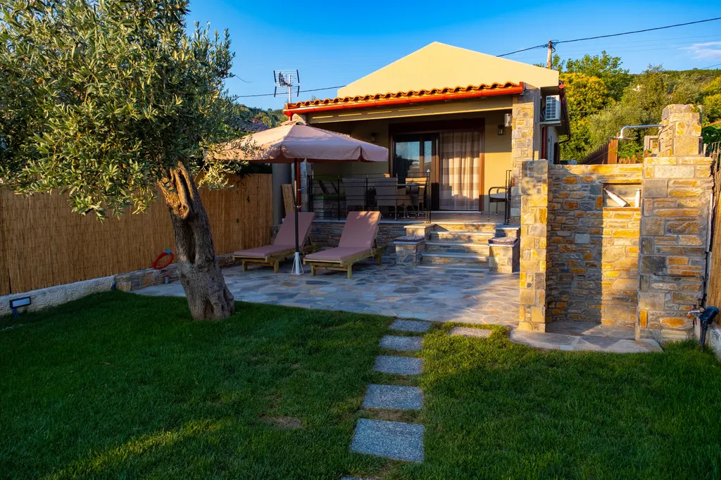 Ξαπλώστρες και ελιά στην αυλή της Villa Elena το απόγευμα